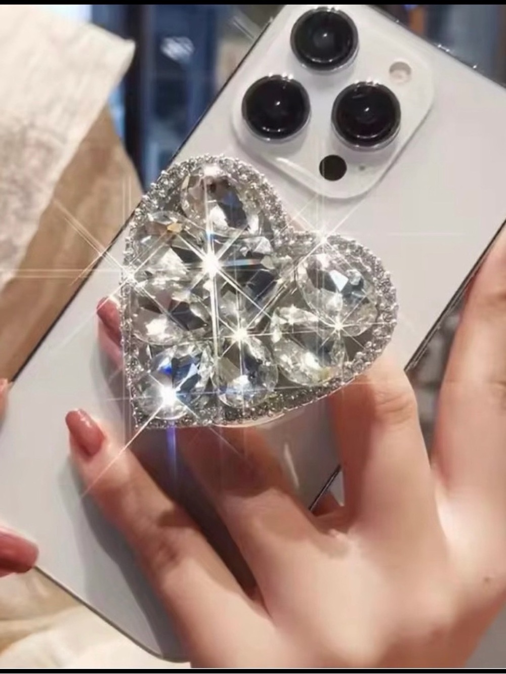 Crystal Heart Phone Grip Ring - Silver Sparkle